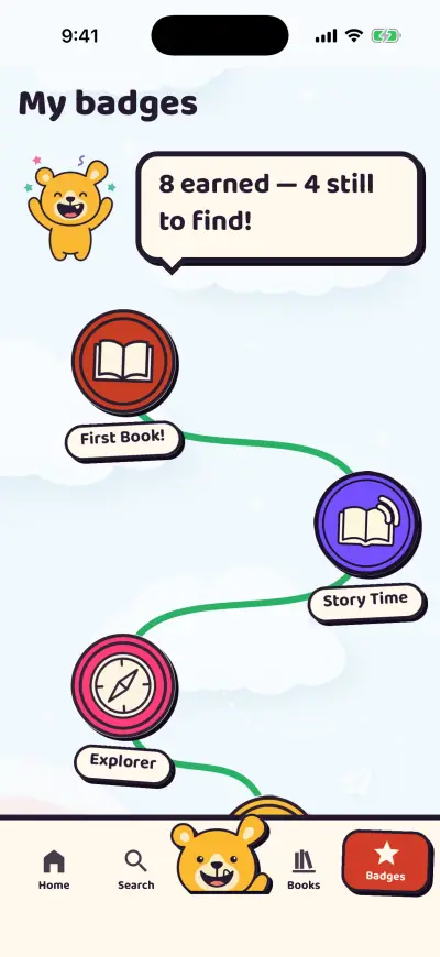 Berry's badges screen showing earned reading badges